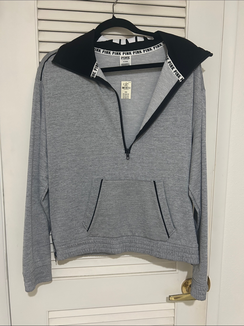 Nwt Pink Victoria's Secret Heather Gray Half-Zip Pullover With Black Trim